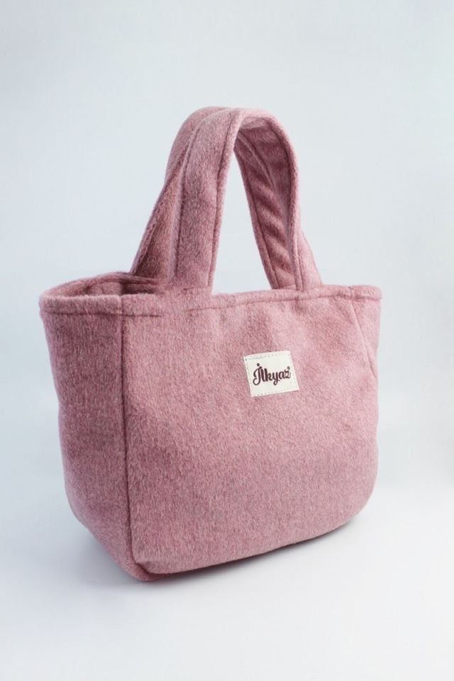 Kaşe Kumaş Pembe Çıtçıt Kapamalı Kadın Orta Boy El Çantası 20x18x10 Cm