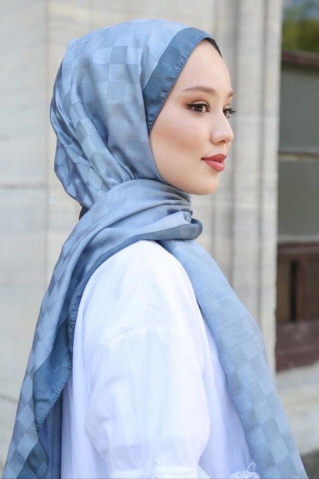 Hint İpek Dama Desen Monogram Şal - Çelik Mavi