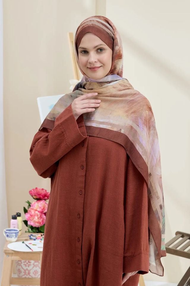 Ashira Desen Bambu Şal - Kızıl Kahve