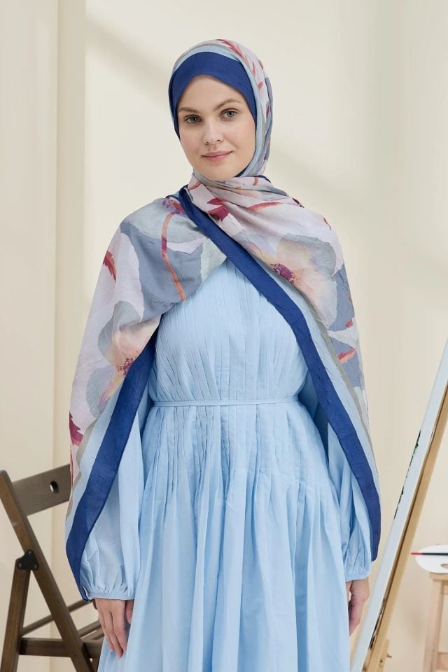 Gelincik Desen Bambu Şal - Lacivert