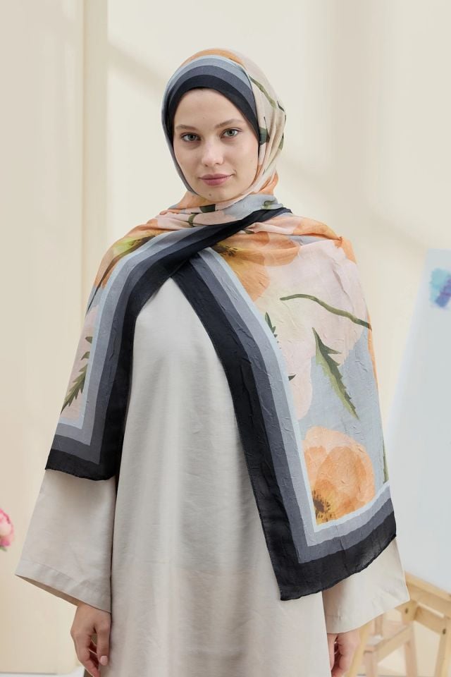 Gelincik Desen Bambu Şal - Siyah Gri