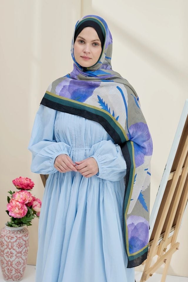 Gelincik Desen Bambu Şal - Siyah Mavi