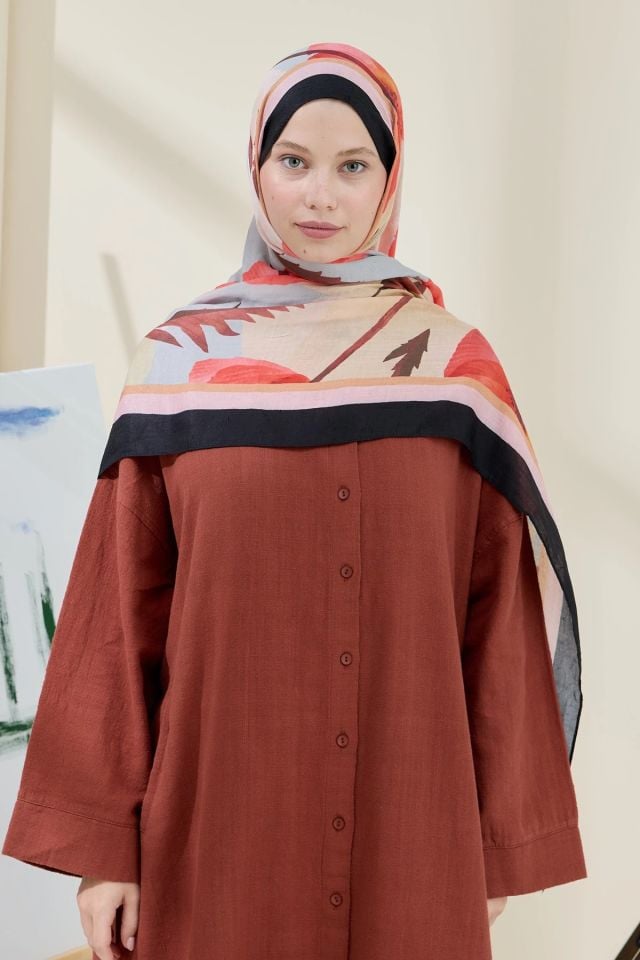 Gelincik Desen Bambu Şal - Nar Çiçeği