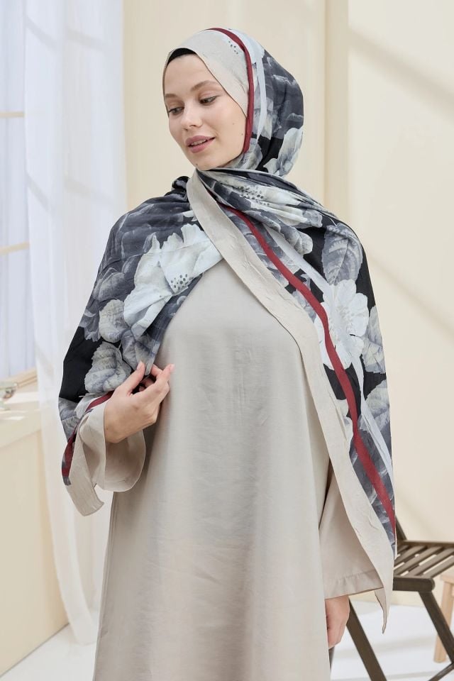 Gül Desen Bambu Şal - İğde Bordo