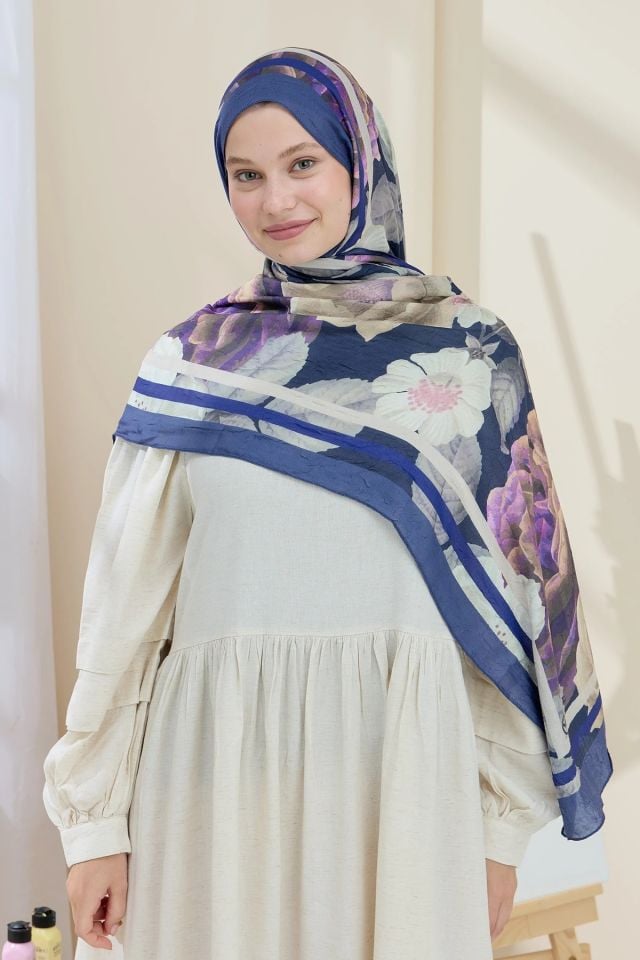 Gül Desen Bambu Şal - İndigo