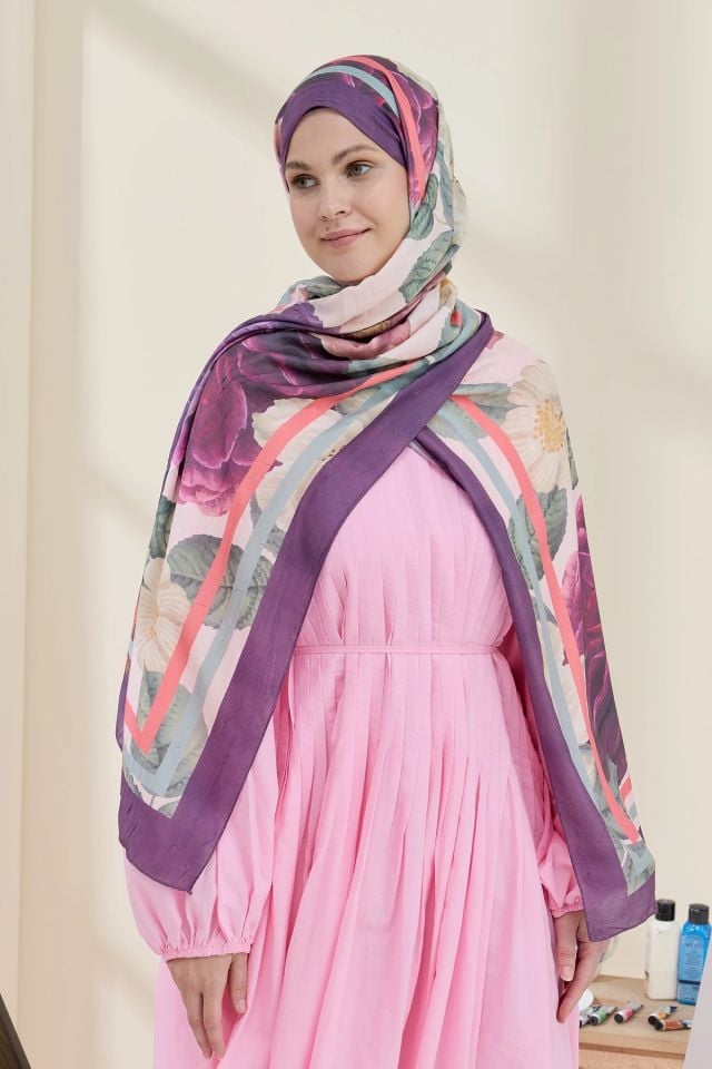 Gül Desen Bambu Şal - Mürdüm