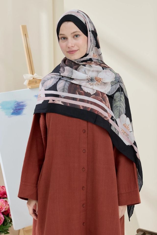 Gül Desen Bambu Şal - Siyah Pudra