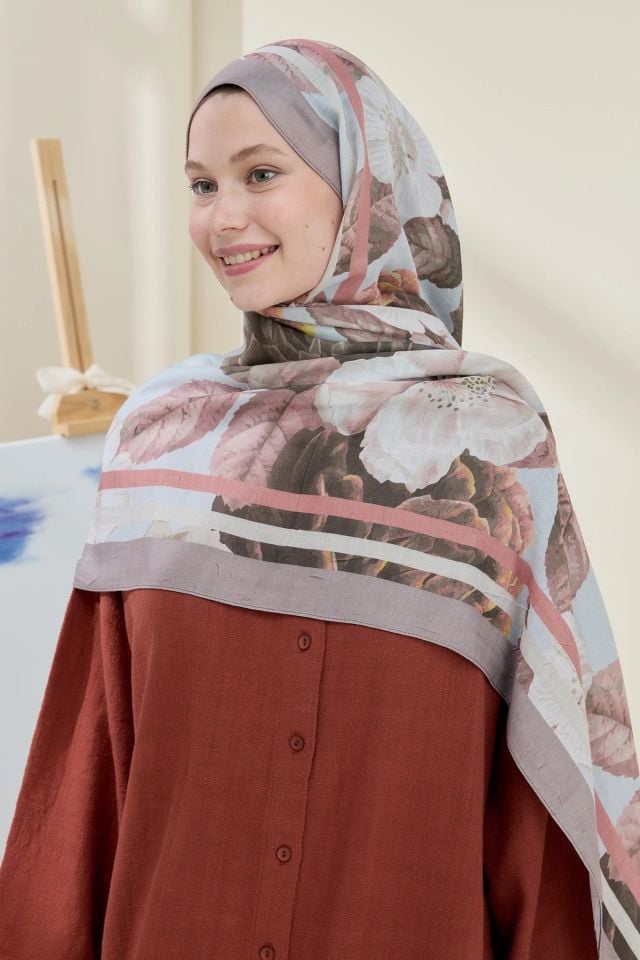 Gül Desen Bambu Şal - Vizon