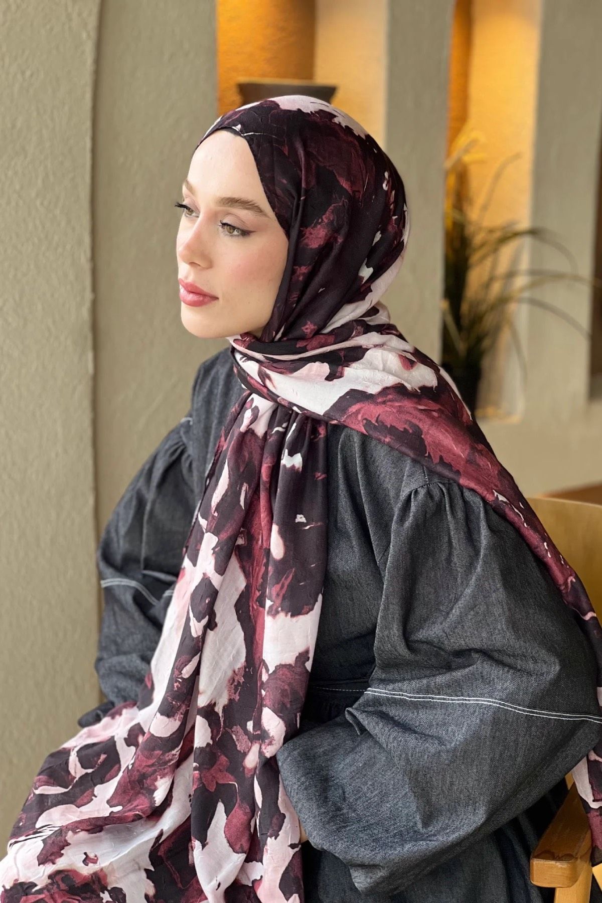 Watercolor Abstract Desen Bambu Şal - Bordo