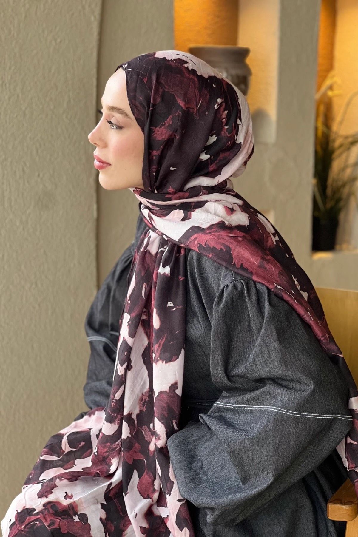 Watercolor Abstract Desen Bambu Şal - Bordo