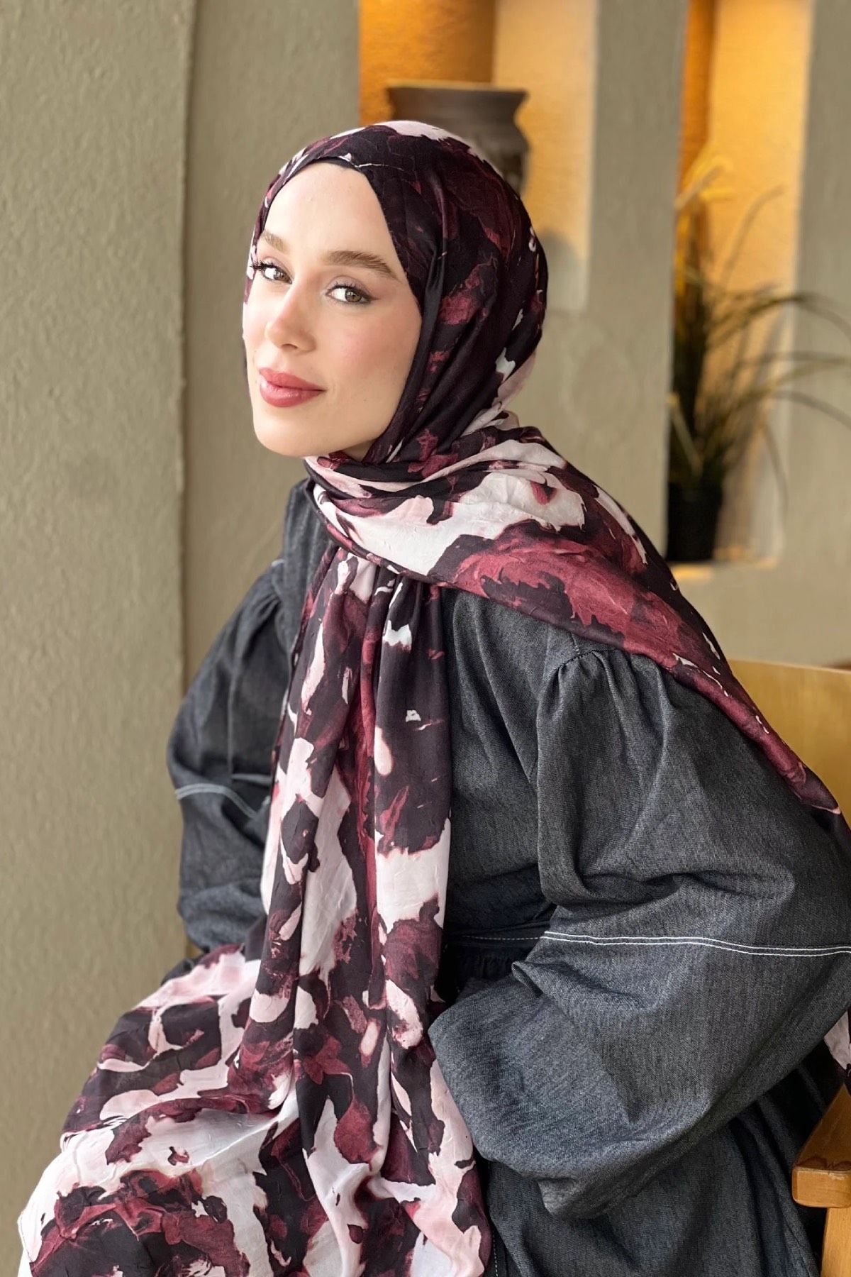 Watercolor Abstract Desen Bambu Şal - Bordo