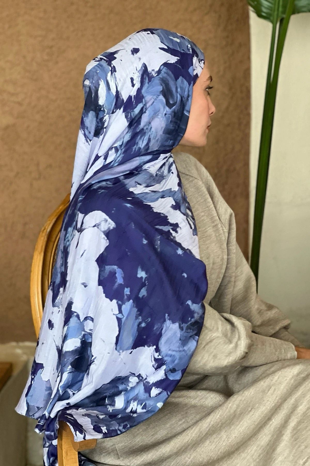 Watercolor Abstract Desen Bambu Şal - Lacivert