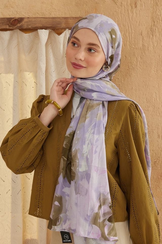 Watercolor Abstract Desen Bambu Şal - Lila