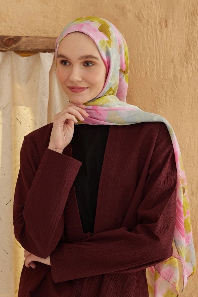 Watercolor Abstract Desen Bambu Şal - Pembe