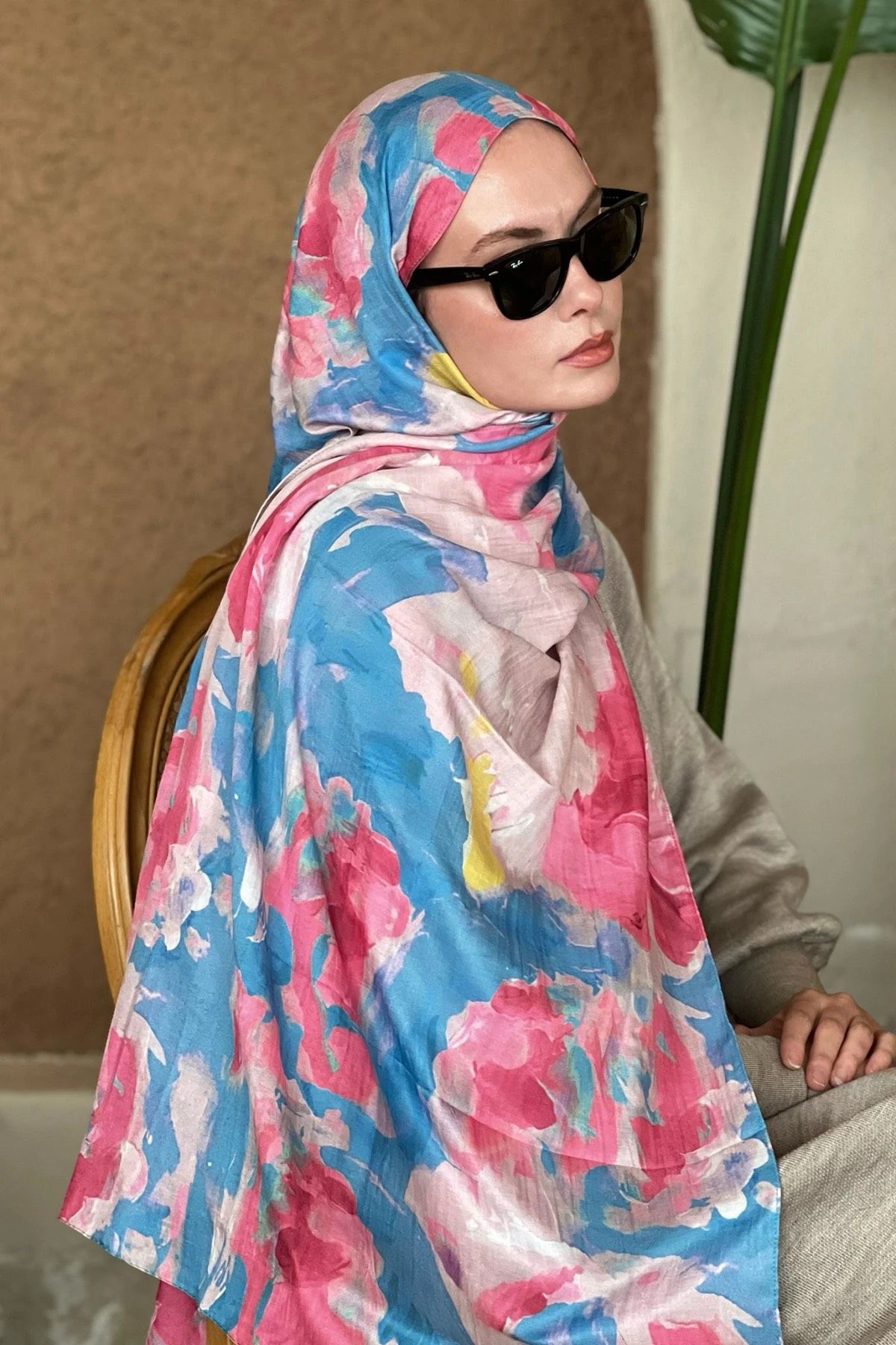 Watercolor Abstract Desen Bambu Şal - Pembe Mavi