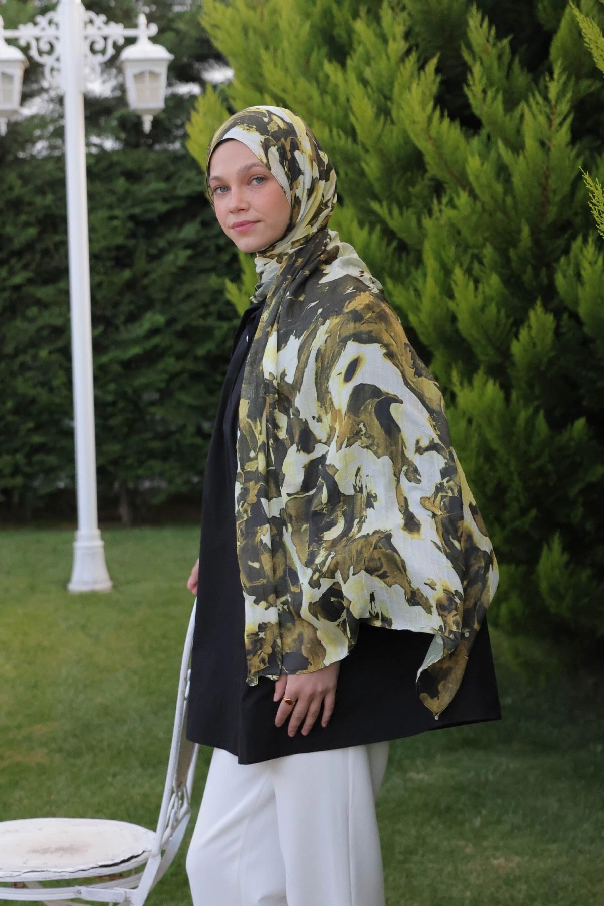 Watercolor Abstract Desen Bambu Şal - Yağ Yeşili