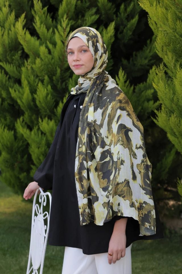 Watercolor Abstract Desen Bambu Şal - Yağ Yeşili