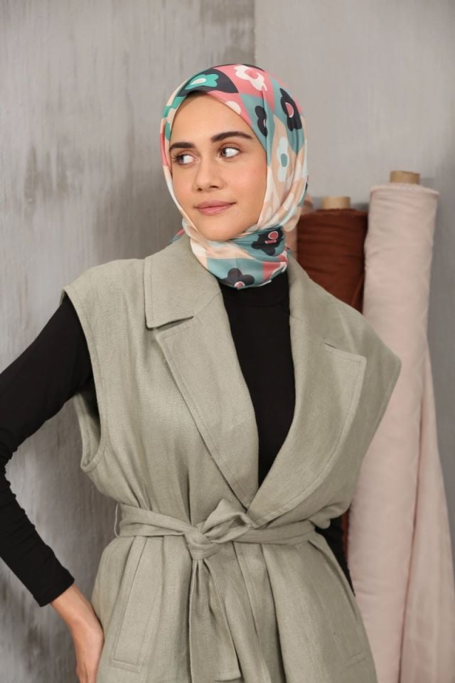 Modakaşmir Çiçek Desenli Soft Pamuk Eşarp - Küf Yeşil
