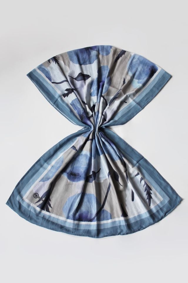 Gelincik Desen Bambu Şal - İndigo