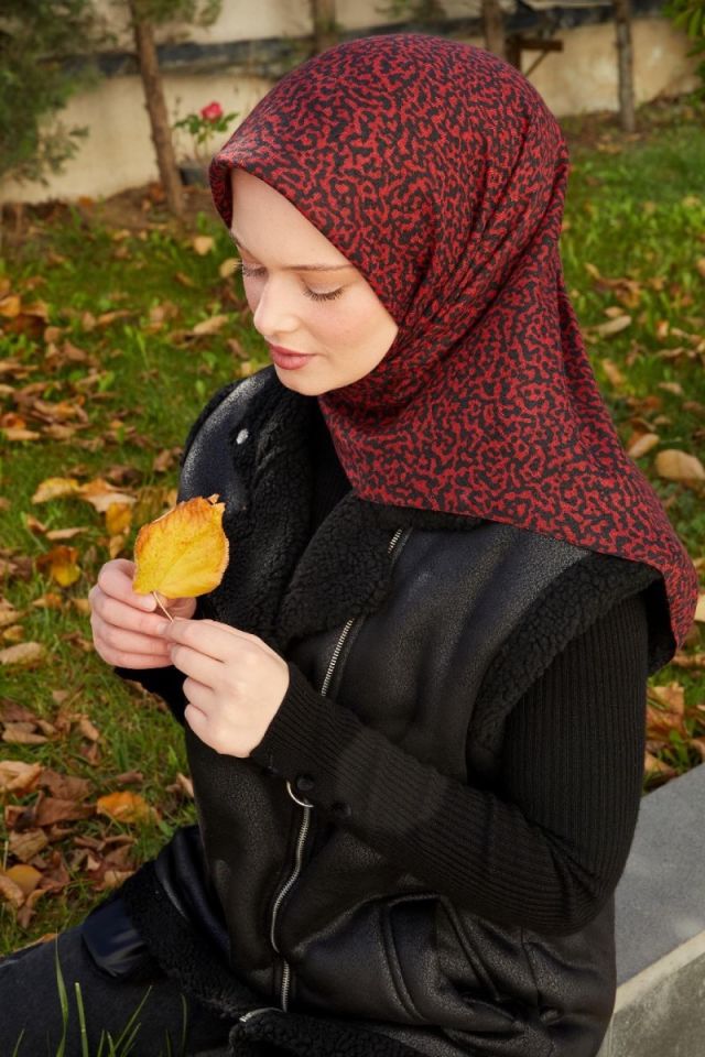 Leopar Desenli Angora Kışlık Pamuklu Eşarp - Bordo