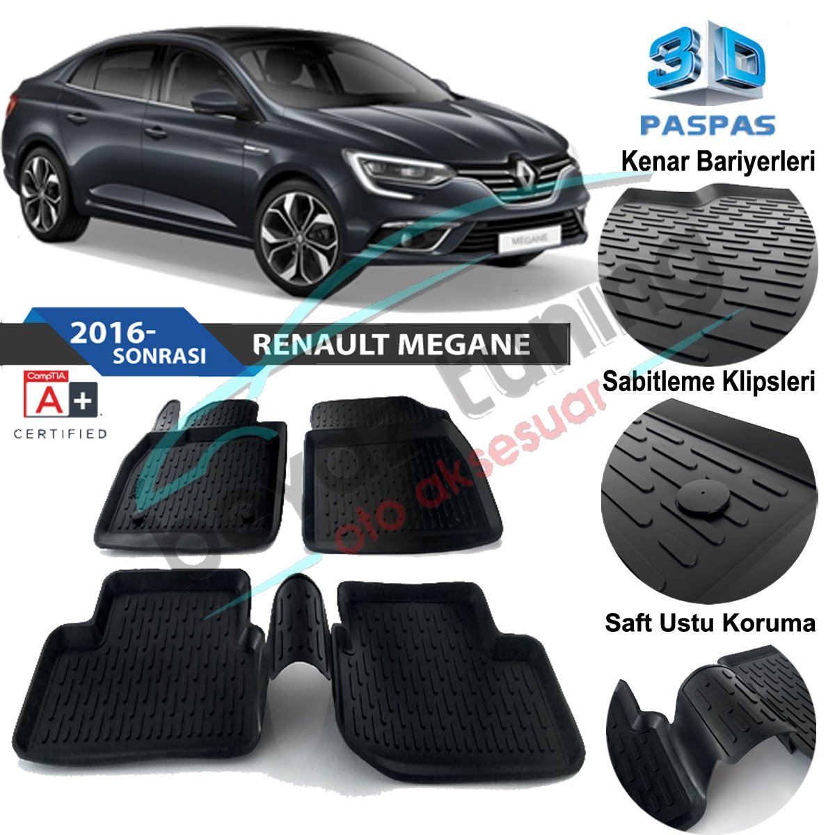 Renault Megane 4 Havuzlu 3D Paspas Niken Siyah 2016 Sonrası