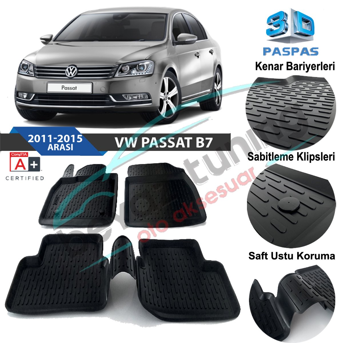 Volkswagen Passat B7 Havuzlu 3D Paspas Niken Siyah 2011-2015