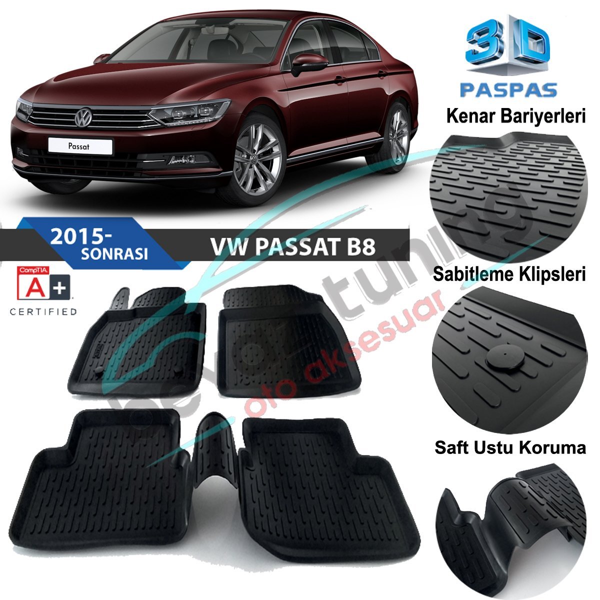 Volkswagen Passat B8 Havuzlu 3D Paspas Niken Siyah 2015 Sonrası