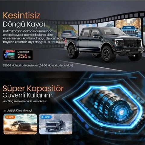 Araç Yol Kayıt Cihazı HD Ön Arka Wifi Uyumlu Araç Kamerası Gece Görüşlü Kamera