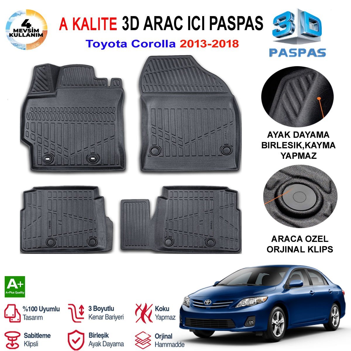 Toyota Corolla 3D Paspas Havuzlu Pro 2013-2018 Arası