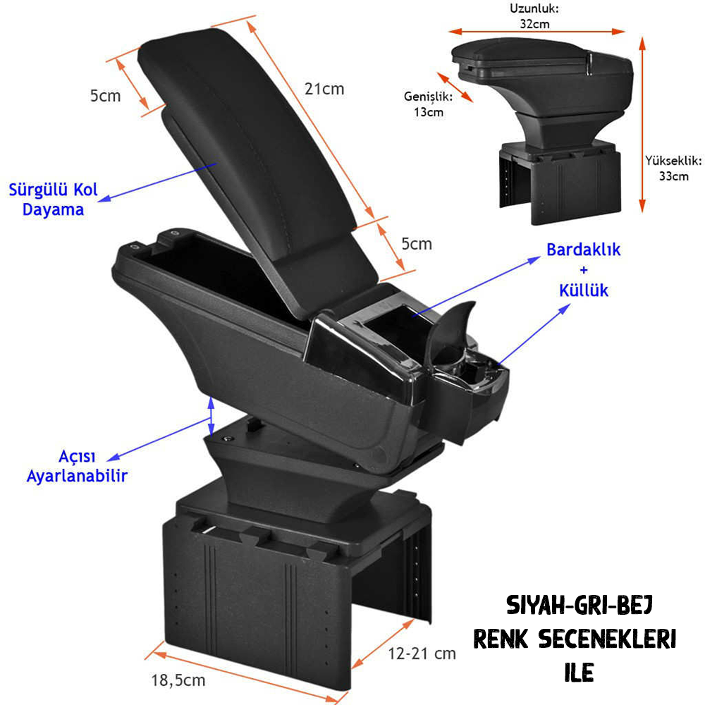 Sürgülü Kolçak Kol Dayama Bardaklık ve Küllüklü Siyah