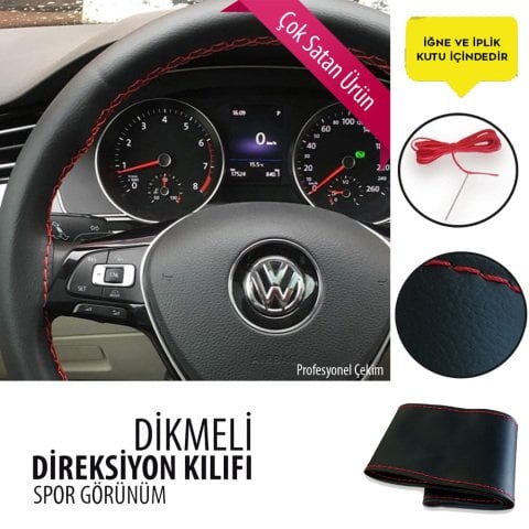 Dikmeli Direksiyon Kılıfı Deri Siyah Kırmızı Dikişli