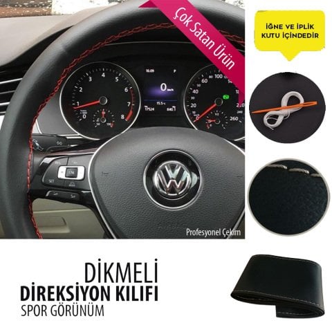 Dikmeli Direksiyon Kılıfı Deri Siyah Beyaz Dikişli