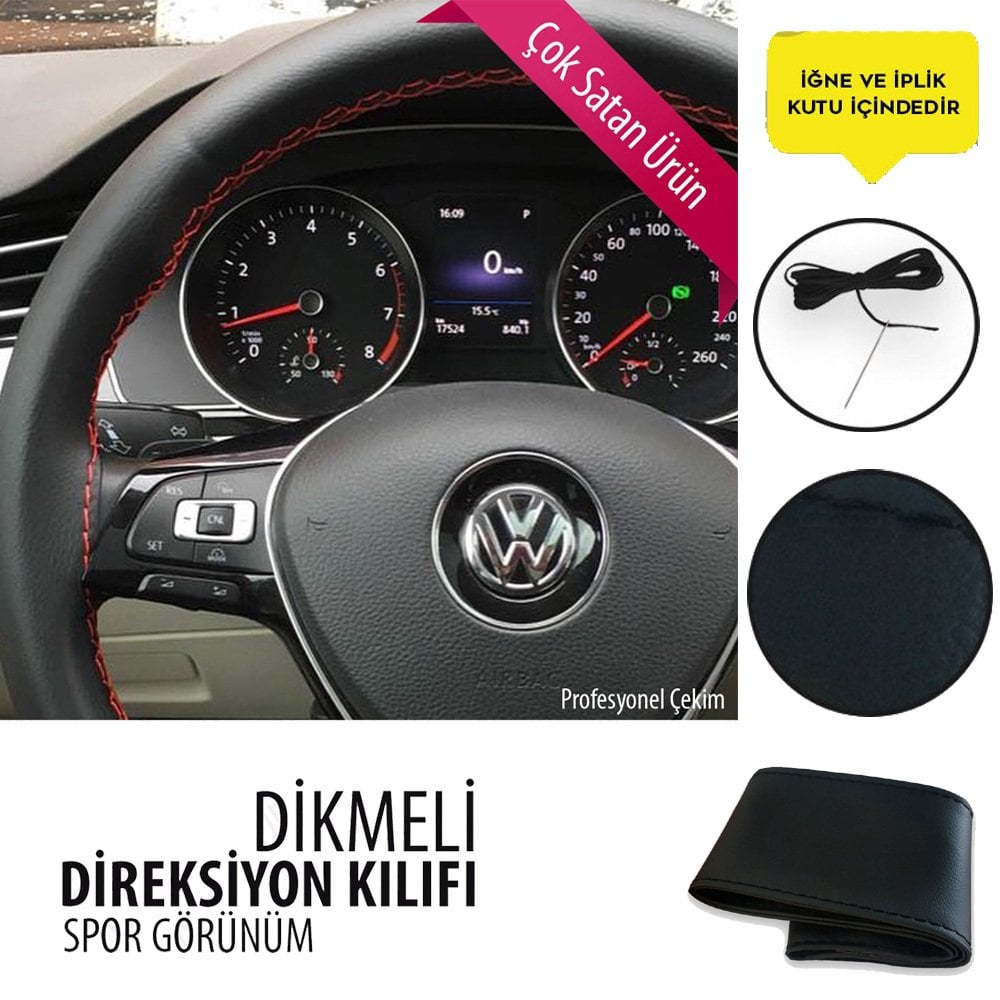 Dikmeli Direksiyon Kılıfı Deri Siyah Siyah Dikişli