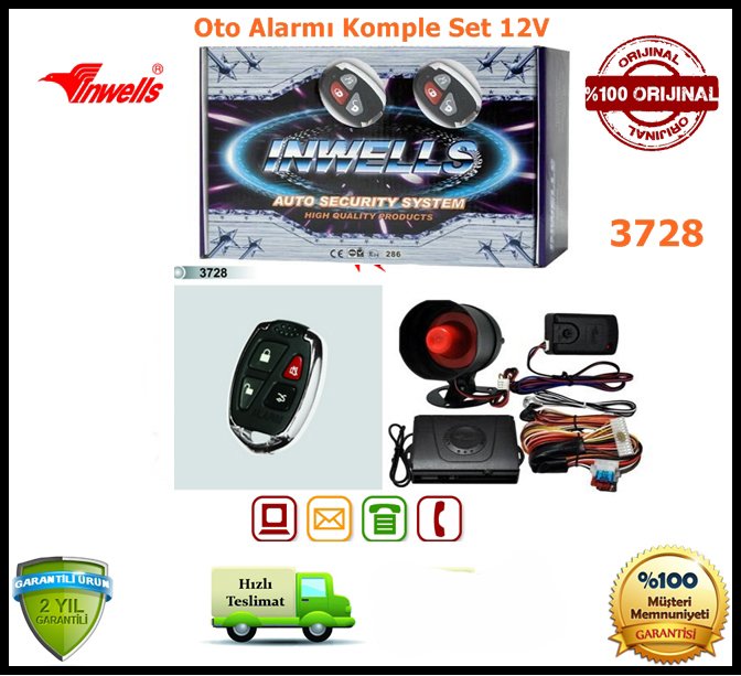 Oto Alarmı Sistemi Uzaktan Kumandalı İnwells 12V 3728