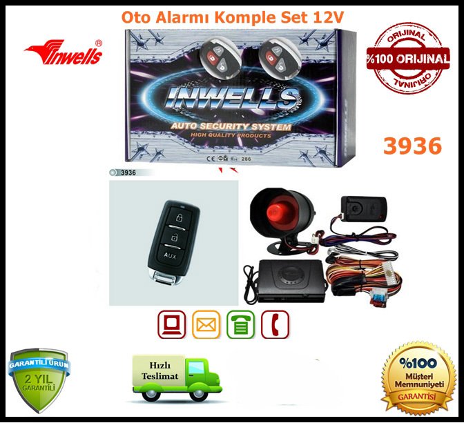 Oto Alarmı Sistemi Uzaktan Kumandalı İnwells 12V 3936