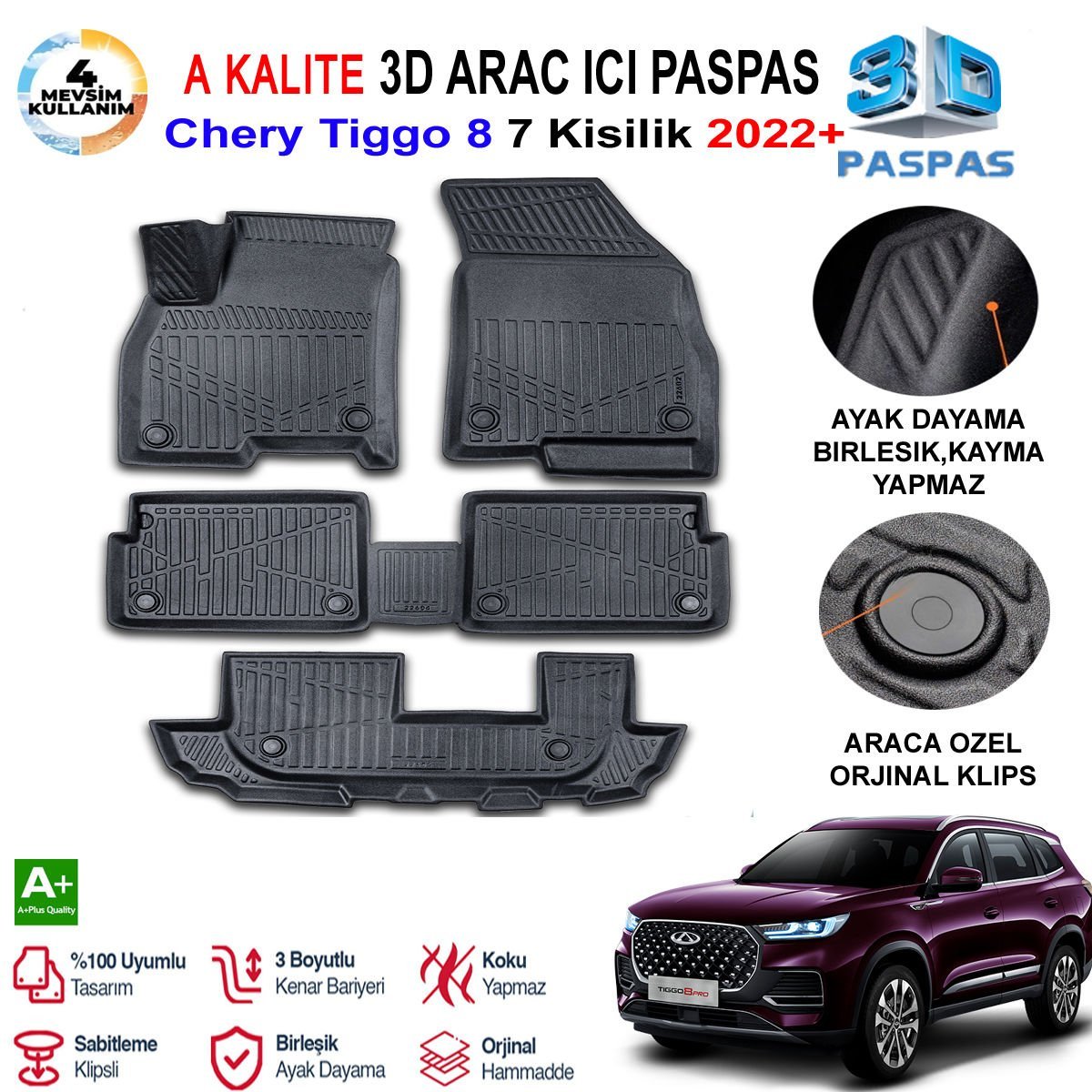 Chery Tiggo 8 7 Kişilik 3D Paspas Havuzlu Pro 2022 Sonrası