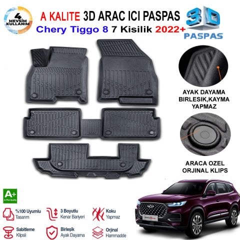 Chery Tiggo 8 7 Kişilik 3D Paspas Havuzlu Pro 2022 Sonrası