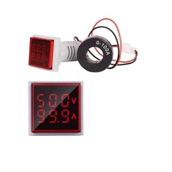 22mm Dijital Voltmetre-Ampermetre Kare AC 60-500V 0-100A KIRMIZI