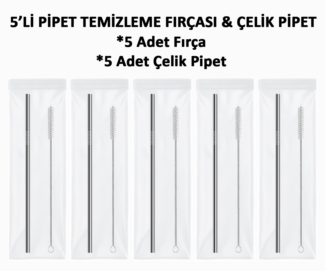 Steltech Cup 5'li Paket 10 Parça - 5 Adet Paslanmaz Çelik Metal Pipet ve 5 Adet Pipet Temizleme Fırçası