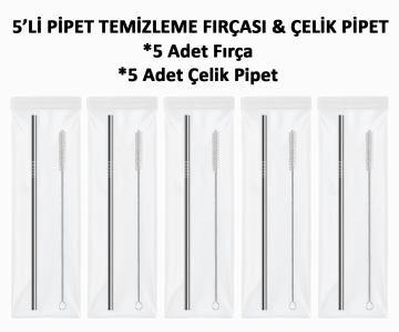 Steltech Cup 5'li Paket 10 Parça - 5 Adet Paslanmaz Çelik Metal Pipet ve 5 Adet Pipet Temizleme Fırçası