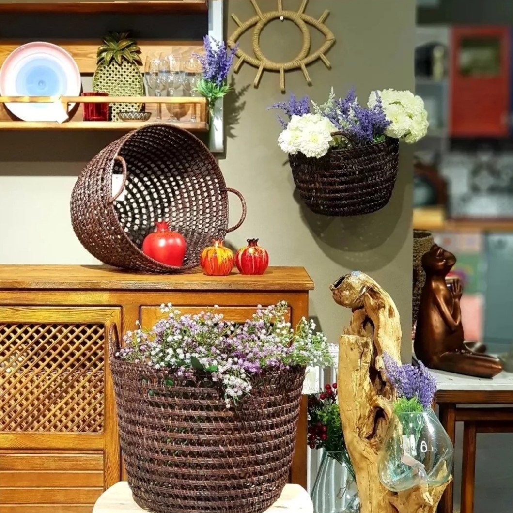 Yuvarlak Kulplu Rattan Sepet