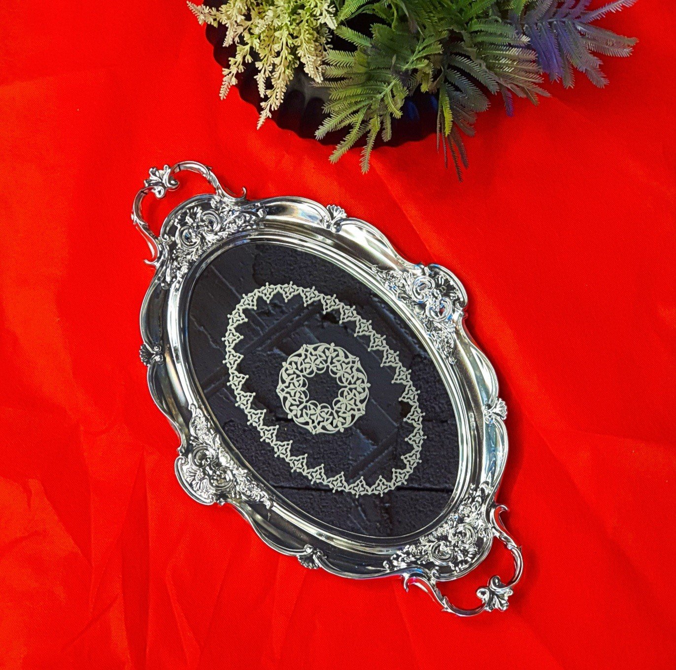 Elyasa Aynalı Tepsi Gümüş 52x32cm