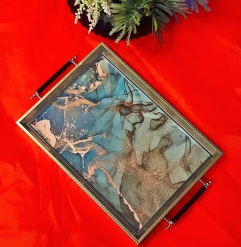 Ebru Desenli Gümüş Renk Tepsi 50x31cm