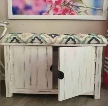Otantik Dolaplı Beyaz Eskitme Bench