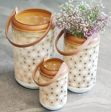 Balin Rumi Motif 3'Lü Metal Mumluk Beyaz Eskitme