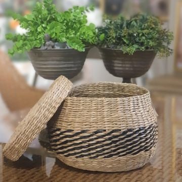 Hasır Yuvarlak Orta Boy Kapaklı Sepet 19cm