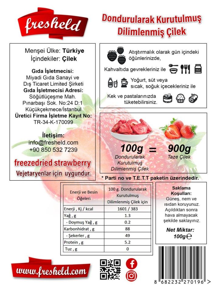 x3 Paket Dondurularak Kurutulmuş Dilimlenmiş Çilek 100G ( Freeze dried )