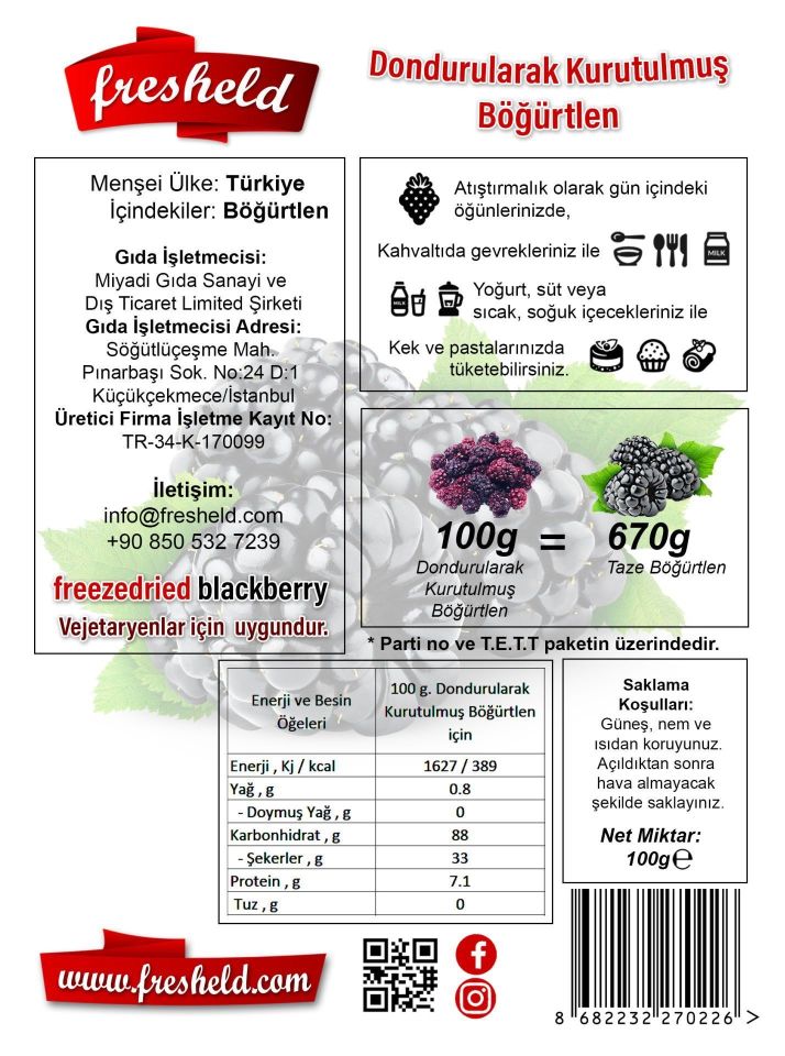 x2 Paket Dondurularak Kurutulmuş Böğürtlen ve Çilek  100 gr