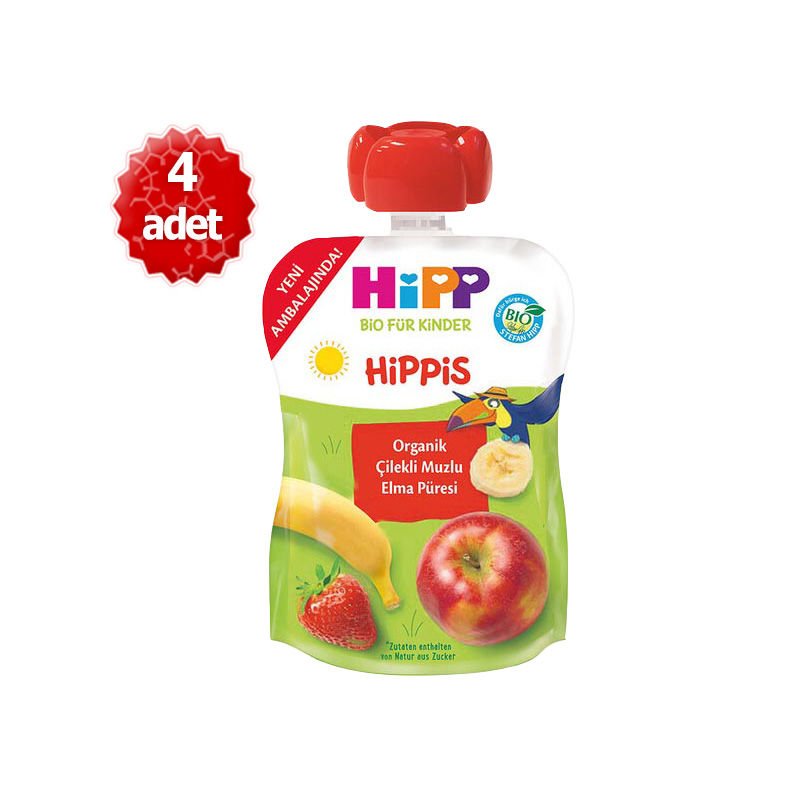 Hipp Organik x 4 Adet Çilekli Muzlu Elma Püresi 100gr