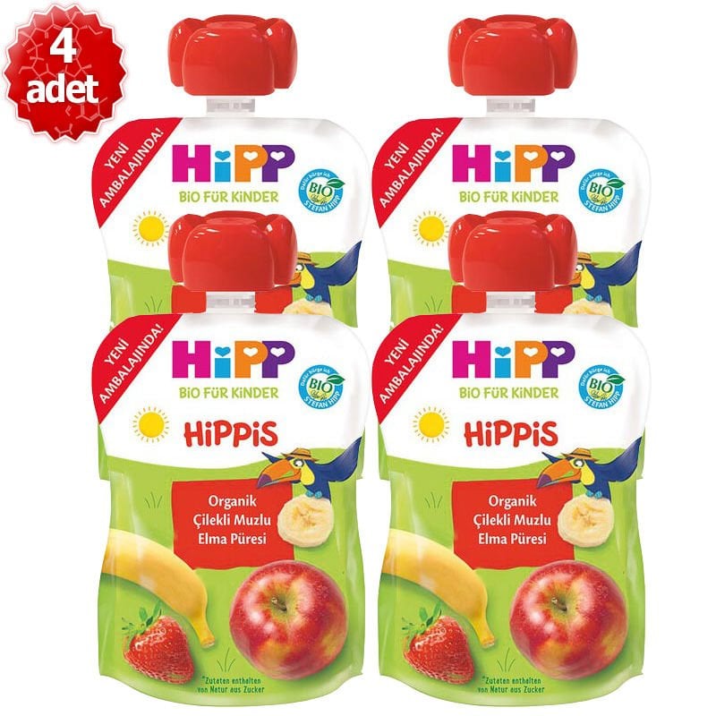 Hipp Organik x 4 Adet Çilekli Muzlu Elma Püresi 100gr